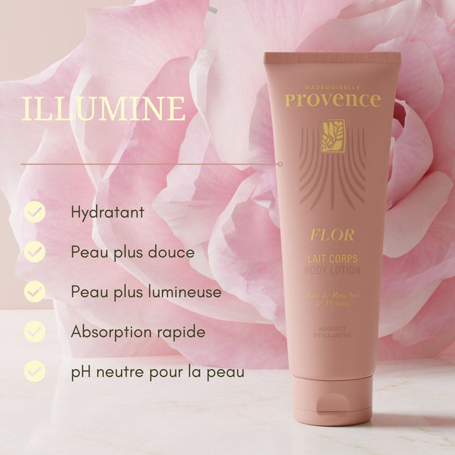 Lait hydratant corps à l'eau de rose et à la pivoine de Mademoiselle Provence. Hydrate, adoucit et illumine la peau.