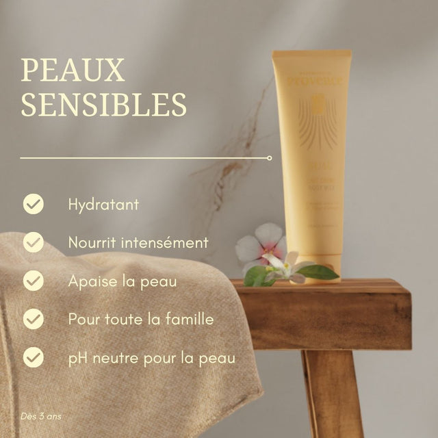 Lait corps hydratant et nourrissant pour peaux sensibles, mademoiselle Provence. A l'amande douce et fleur d'oranger. Vegan, naturel, apaisant.