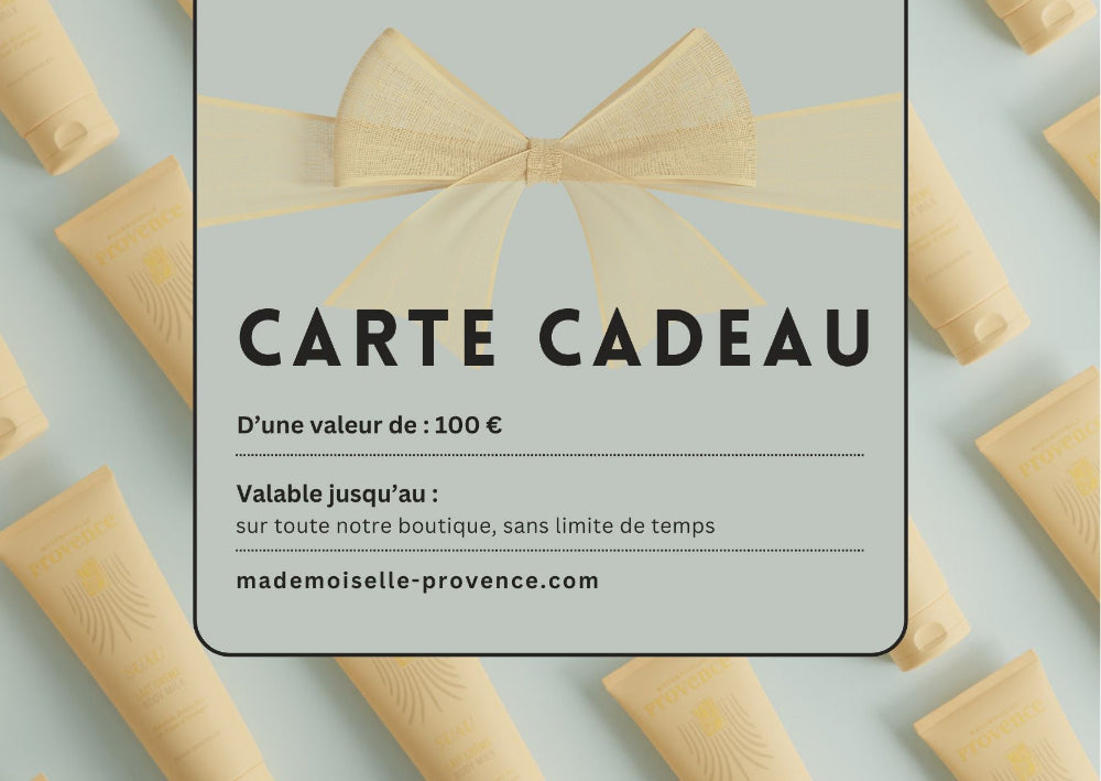 e-Carte Cadeau Mademoiselle Provence valeur 100€ valable sur toute la boutique sans limite de temps. Une belle idée cadeau pour les fêtes et pour les mamans.