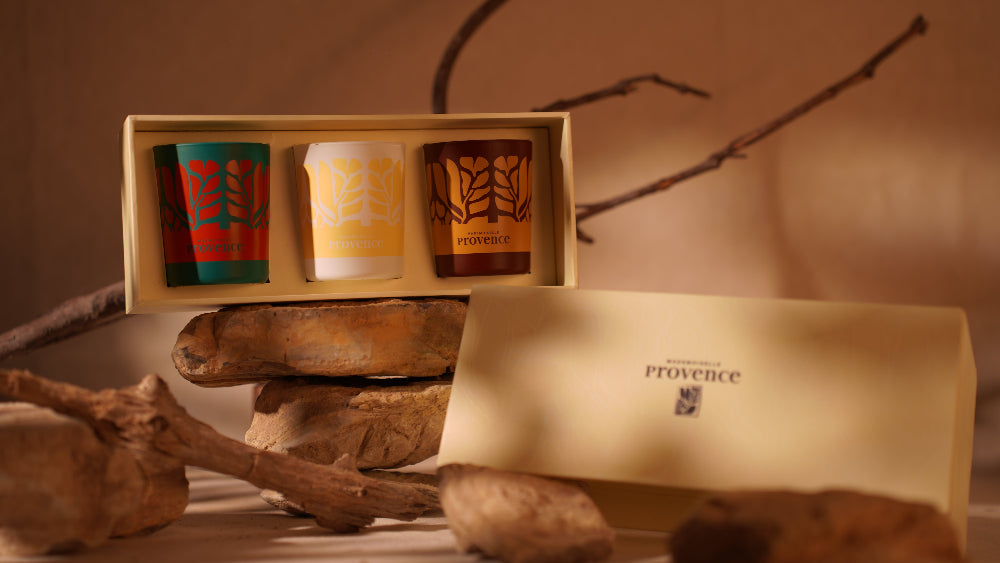 Le trio de bougies parfumées est présenté dans un bel étui écrin, parfait à offrir en cadeau de la marque Mademoiselle Provence. L'édition est limité pour Noel : 13 desserts décliné sur Calisson, orangette, et pain d'épice.