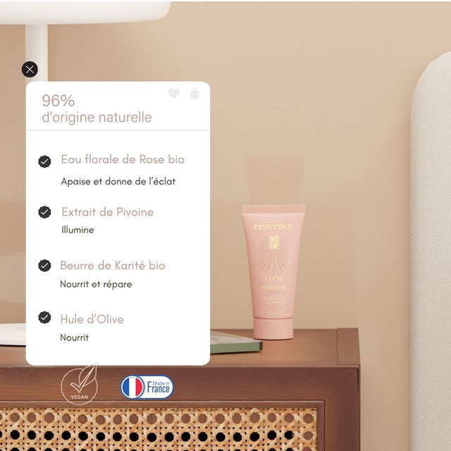 crème mains rose et pivoine de Mademoiselle Provence, 96% naturelle, au beurre de Karité bio, huile d'olive et allantoine apaisante.
