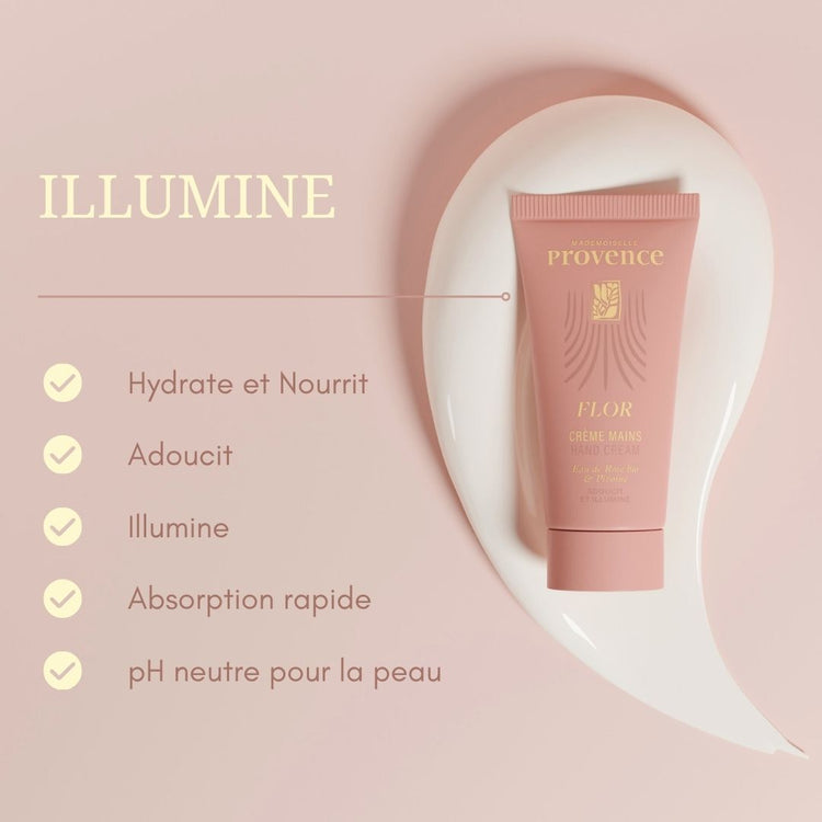 Crème pour les mains rose et pivoine de Mademoiselle Provence. Hydrate, nourrit, apaise et illumine les mains.