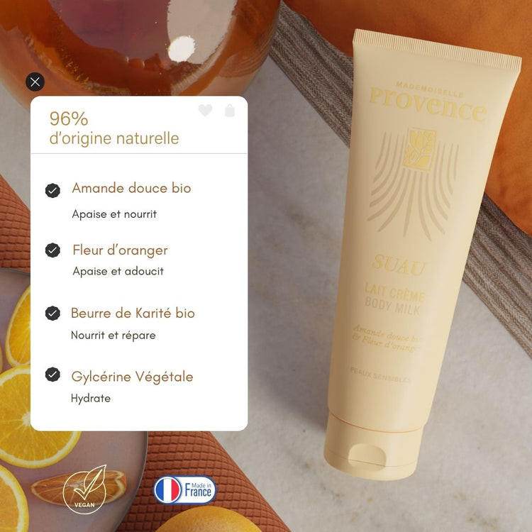 Lait corps hydratant et nourrissant pour peaux sensibles, mademoiselle Provence. A l'amande douce et fleur d'oranger et beurre de karité bio. 96% d'origine naturelle.