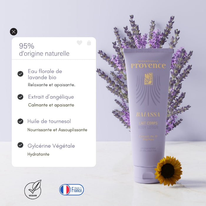 Lait corps relaxant à l'eau de lavande bio et angélique par Mademoiselle Provence. Formule naturelle.