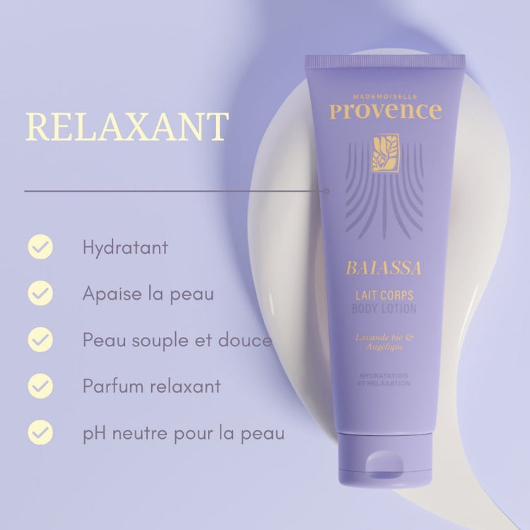 Lait Corps Lavande relaxant, Mademoiselle Provence. Hydrate, apaise, relaxe la peau. Assouplit la peau et la rend douce.