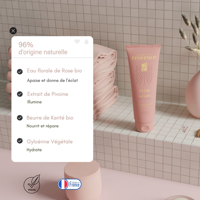 Lait hydratant corps à la rose et à la pivoine de Mademoiselle Provence. Formule naturelle, adoucissante et illuminatrice grâce au beurre de karité. Vegan et made in France.