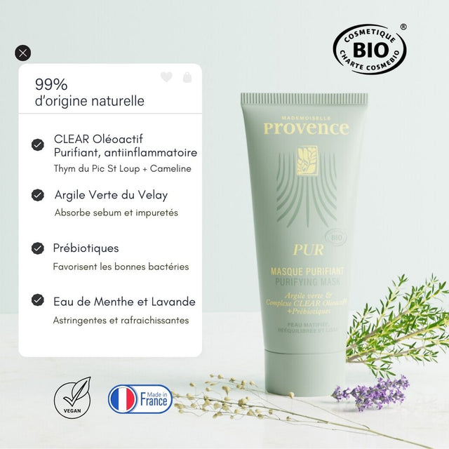 Masque purifiant et détoxifiant à l'argile verte du velay et prébiotoques pour nourrir la flore de la peau. Enrichi en clear oleoactif à base de thym et de cameline. 99% d'origine naturel et certifié bio