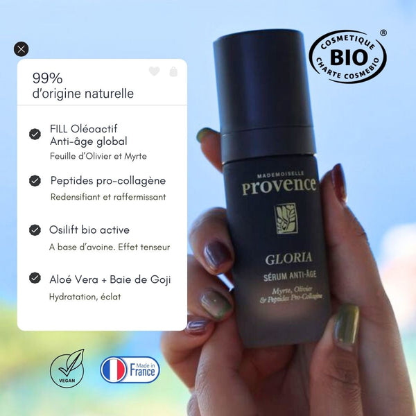 Sérum anti age global et eclat, GLoria de Mademoiselle Provence, a l'extrait d'olivier et peptides pro collagenes. Redensifie, réduit les rides, raffermit et donne de l'éclat aux peaux matures.