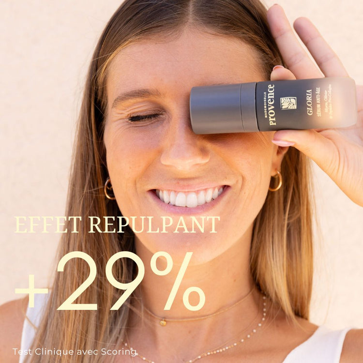 Sérum anti age global et eclat, GLoria de Mademoiselle Provence, a l'extrait d'olivier et peptides pro collagenes. essai clinique et efficacité prouvée, la peau es repulpée +29%