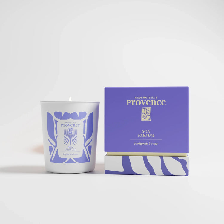 Bougie parfumées Mademoiselle provence au parfum de Grasse, made in France. cire végtale et pot design dans son étui de luxe