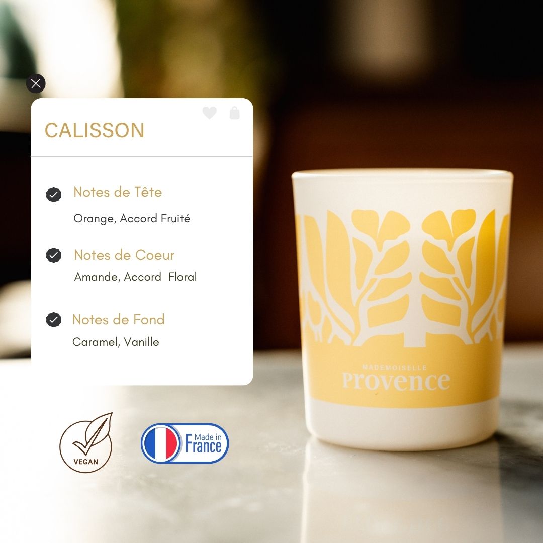 Bougie parfumée calisson, aux notes d'orange, melon, amande et caramel miel. Imaginé à Grasse pour Mademoiselle Provence.