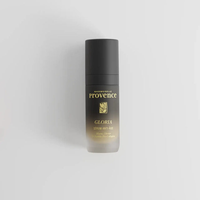 Sérum anti age global, anti ride éclat et fermeté de Mademoiselle Provence. Gamme Gloria certifiée ecocert. a la myrte et à l'olivier + peptides procollagène.
