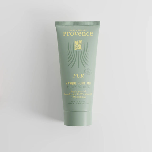 Masque purifiant et détoxifiant à l'argile verte du velay et prébiotoques pour nourrir la flore de la peau. Enrichi en clear oleoactif à base de thym et de cameline. Innovation Mademoiselle Provence