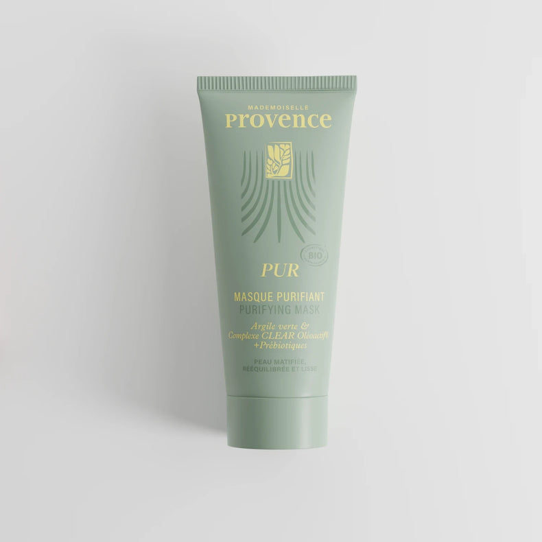 Masque purifiant et détoxifiant à l'argile verte du velay et prébiotoques pour nourrir la flore de la peau. Enrichi en clear oleoactif à base de thym et de cameline. Innovation Mademoiselle Provence