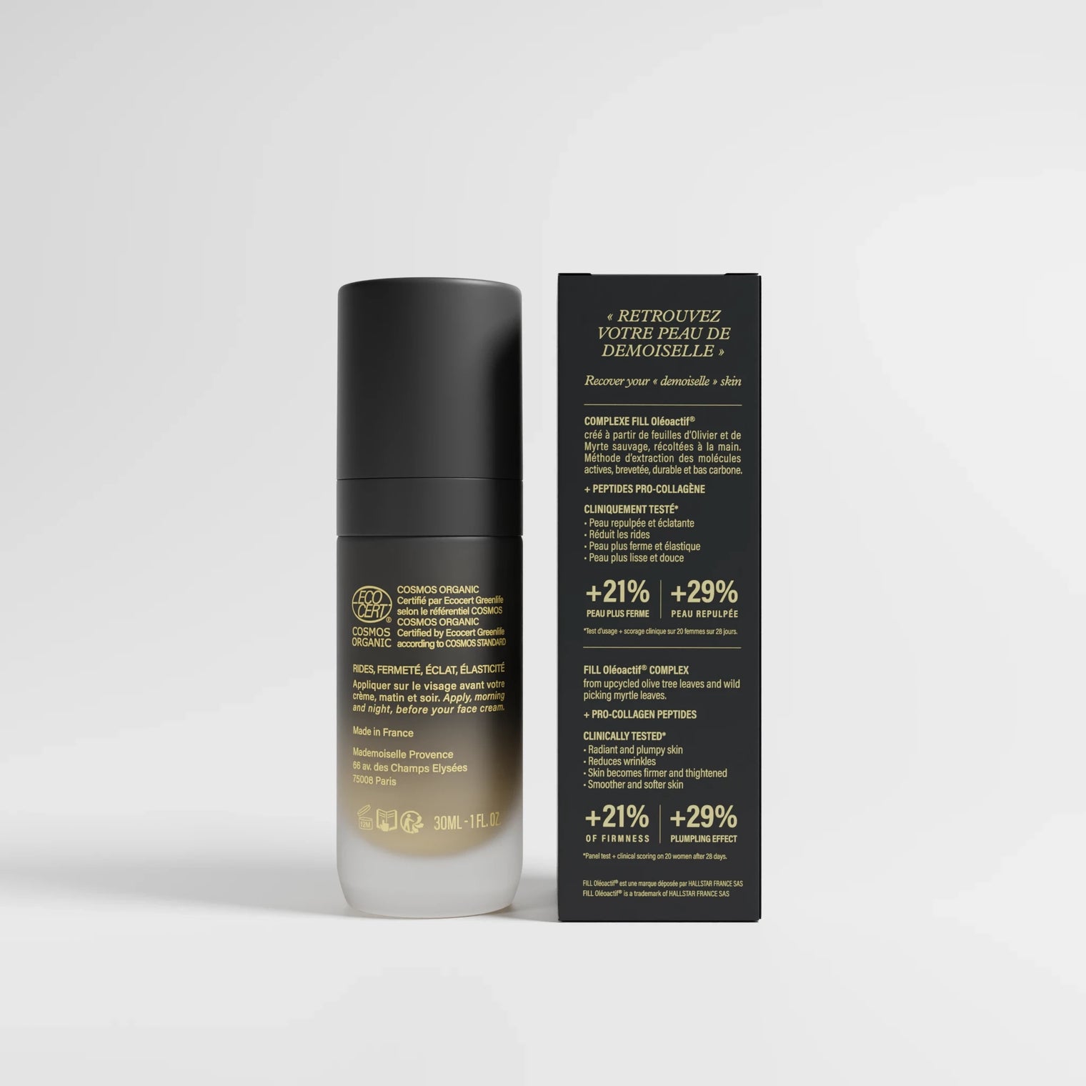 Sérum anti age global, anti ride éclat et fermeté de Mademoiselle Provence. Gamme Gloria certifiée ecocert. a la myrte et à l'olivier + peptides procollagène. dos de pack avec étui