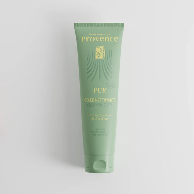 Gelée Nettoyante Pur de Mademoiselle Provence aux acides de fleur et lys blanc. Nettoie et démaquille pur laisse une peau nette, fraiche et un teint clair.