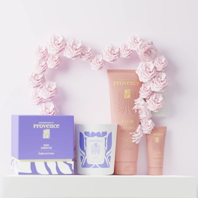 trio cadeau bougie parfumée, lait corps et crème pour les mains. Made in Provence.