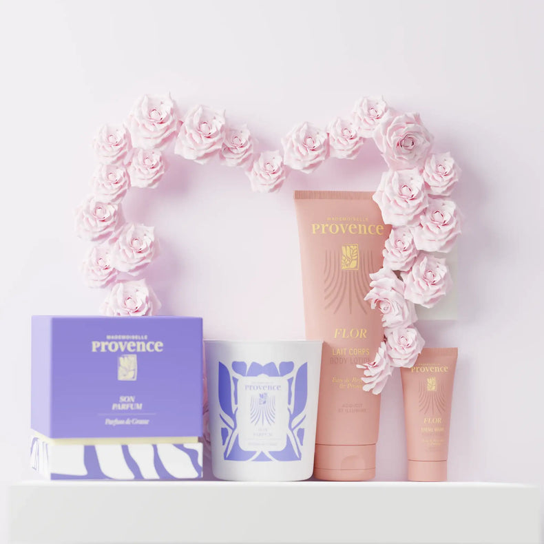 trio cadeau bougie parfumée, lait corps et crème pour les mains. Made in Provence.