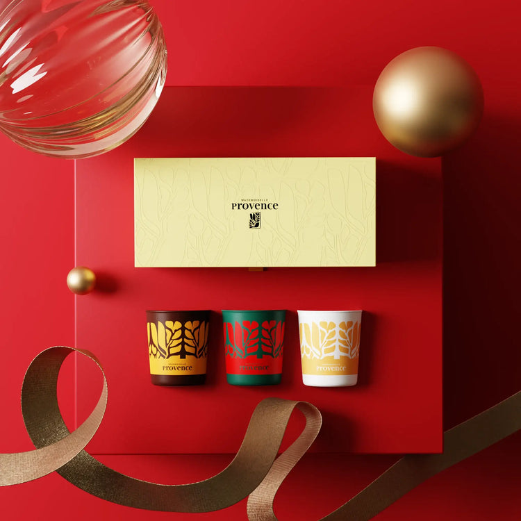 Coffret de Noel - Edition limité 3 bougie parfumées, parfum de Grasse en Provence. Calisson, Pain d'épice et Chocolat Orangette. 
