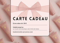 e-Carte Cadeau Mademoiselle Provence  valeur 50€ valable sur toute la boutique sans limite de temps. Une belle idée cadeau pour les fêtes et pour les mamans. 