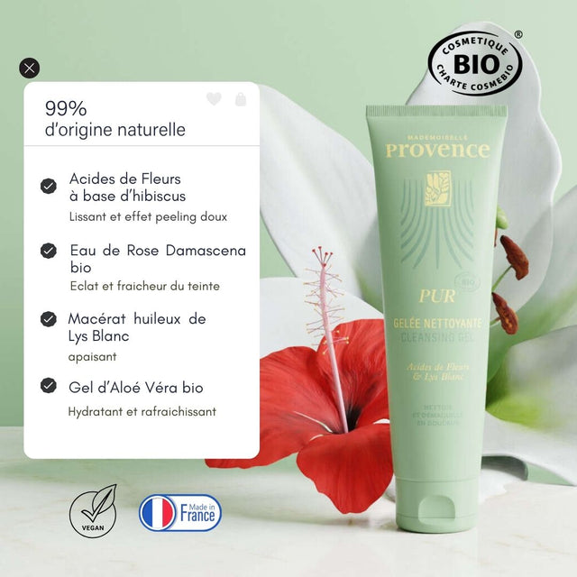 Gelée Nettoyante Pur de Mademoiselle Provence aux acides de fleur et lys blanc. certifiée bio et 99% naturelle. eau de rose et huile de lys blanc. 