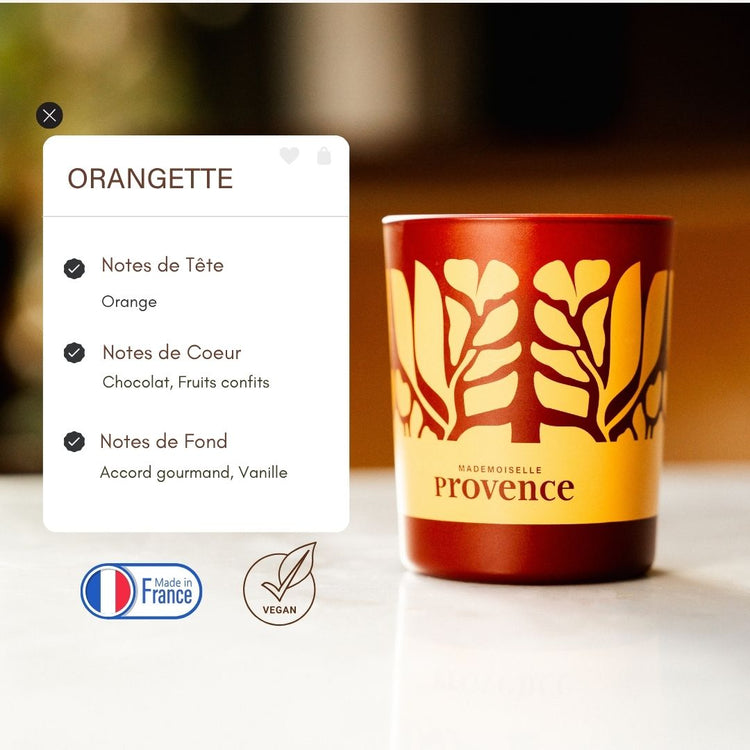 Bougie parfumée Orangette, aux notes d'orange, et de chocolat. Imaginé à Grasse pour Mademoiselle Provence. 