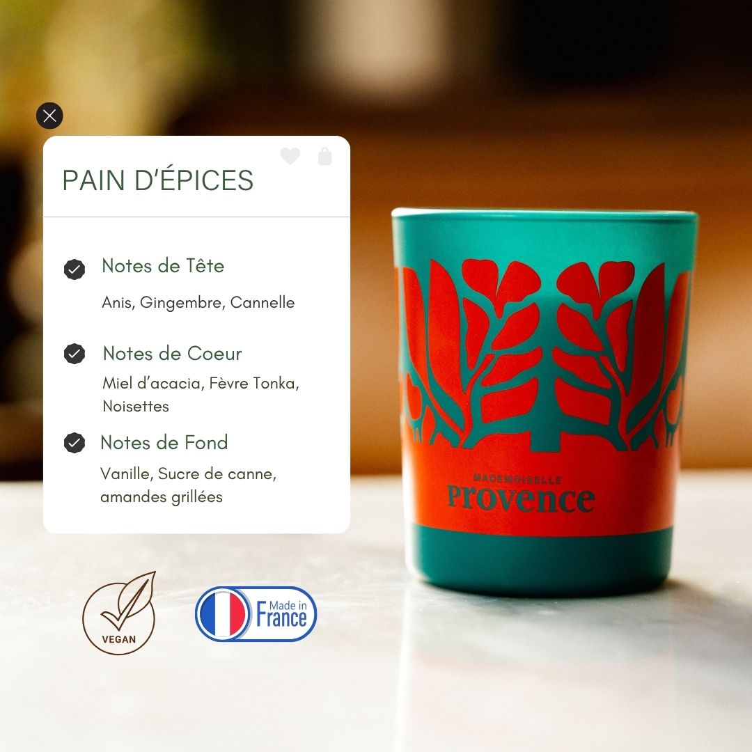 Bougie parfumée pain d'épice, aux notes de gingembre, cannelle, miel, amande, et vanillel. Imaginé à Grasse pour Mademoiselle Provence. 