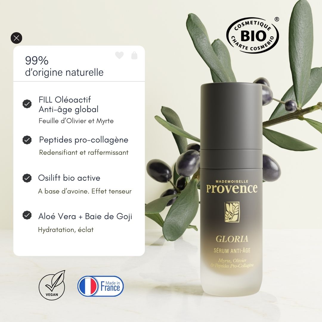Sérum anti age global, anti ride éclat et fermeté de Mademoiselle Provence. Gamme Gloria certifiée ecocert. a la myrte et à l'olivier + peptides procollagène. 99% d'origine naturelle. Aloe vera, baie de goji et avoine. 