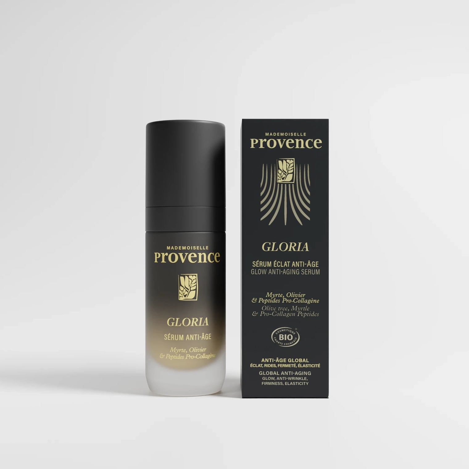 Sérum anti age global, anti ride éclat et fermeté de Mademoiselle Provence. Gamme Gloria certifiée ecocert. a la myrte et à l'olivier + peptides procollagène. flacon plus étui. 