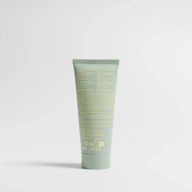 Masque purifiant et détoxifiant à l'argile verte du velay et prébiotoques pour nourrir la flore de la peau. Enrichi en clear oleoactif à base de thym et de cameline. dos de pack
