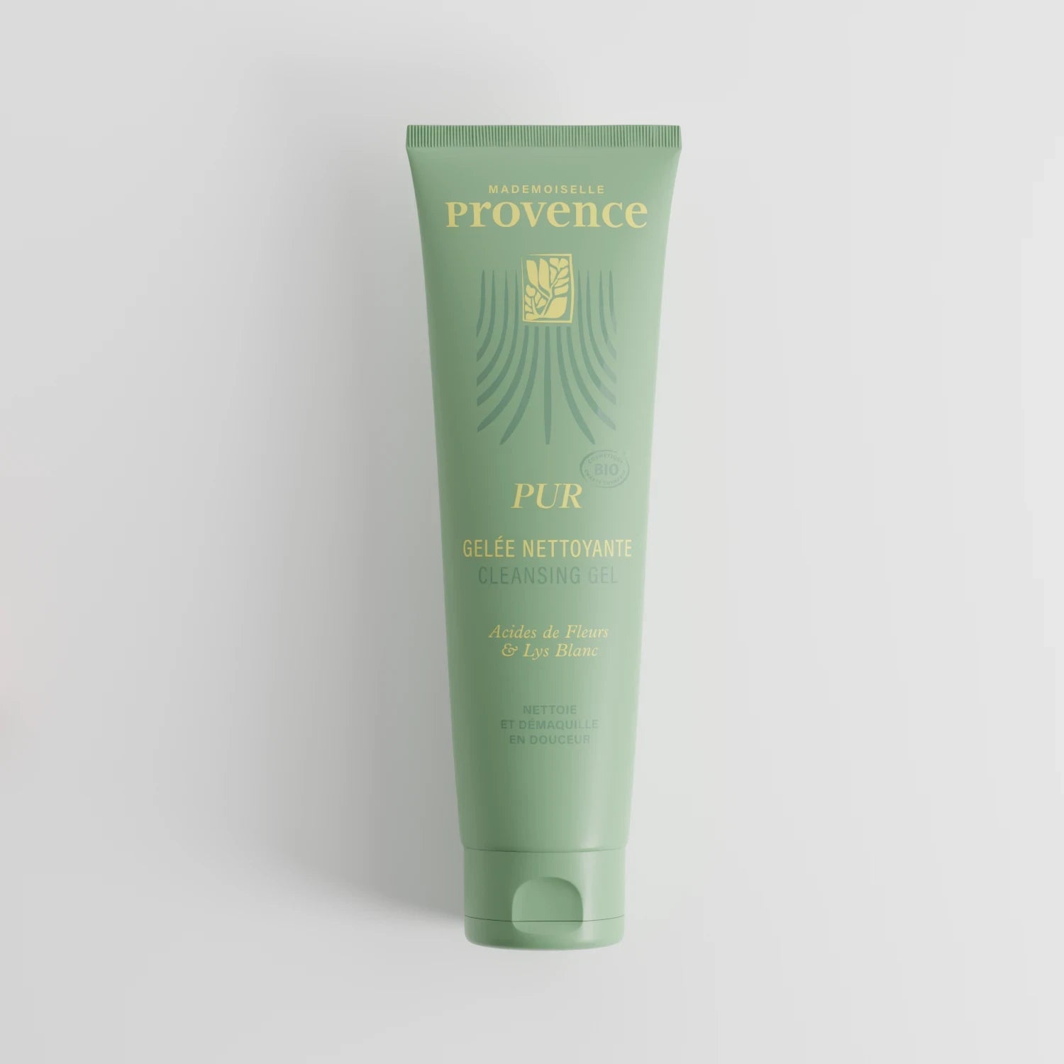 Gelée Nettoyante Pur de Mademoiselle Provence aux acides de fleur et lys blanc. Nettoie et démaquille pur laisse une peau nette, fraiche et un teint clair. 